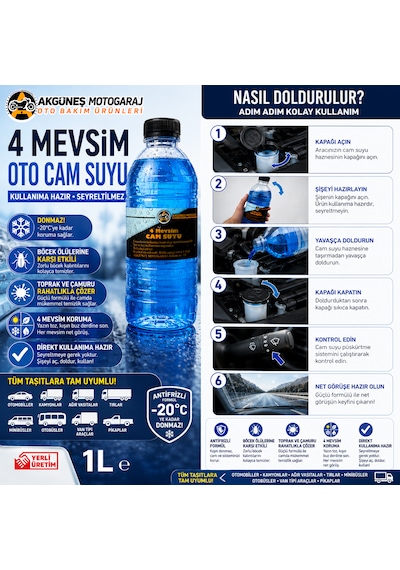 Akgüneş Motogaraj 1 Lt 4 Mevsim Antifrizli Oto Cam Suyu - Kullanıma Hazır, Seyreltilmez, Böcek Ve Çamur Temizleyici, Donmaya Karşı Koruma