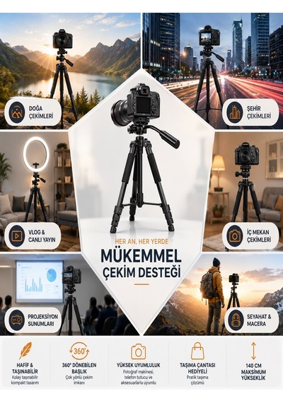 140 Cm Profesyonel Telefon Kamera Tutucu Çantalı Tripod 360 Döner Başlıklı Hafif Taşınabilir Siyah