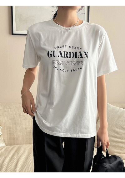 Guardian T-shirt - Beyaz Baskılı Oversize Bisiklet Yaka Kısa Kol Beyaz