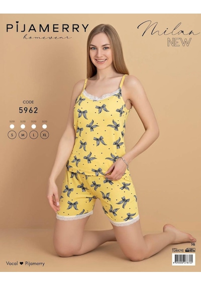Pijamerry Kadın İp Askılı Milan Kumaş Likralı Şortlu Pijama Takımı 5962 - 1 Adet Sarı