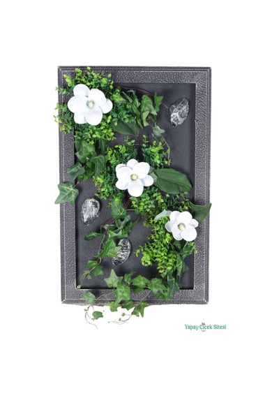 Yapay Çiçek Sitesi Ahşap Çerçeveli Yapay Çiçek Duvar Tablosu 38x60 Cm Model 9 Yeşil