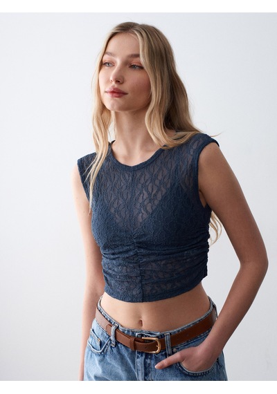 Dilvin 32492 Büzgülü Dantel Top-indigo İndigo