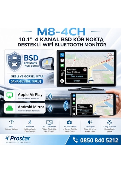 10.1 İnç Dokunmatik 4 Kanal Kayıtlı Kablosuz Carplay Wifi Kör Nokta Uyarılı Araç Monitörü 512 Gb Destekli