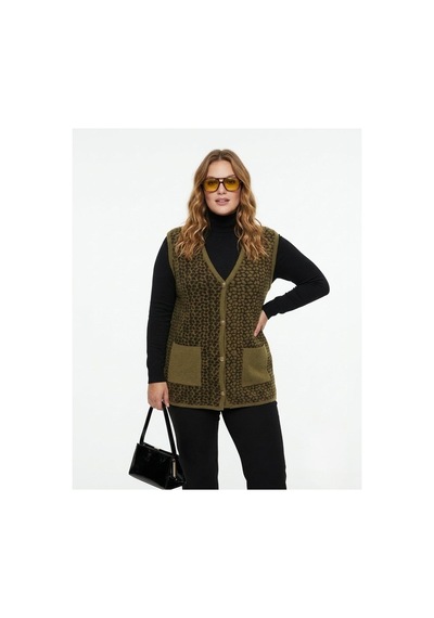 Onno Style Women Çelik Örgü Klasik Leopar Desen Triko Yelek Bej