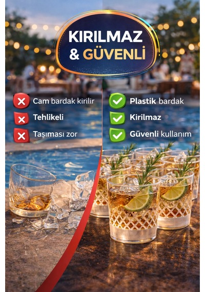 10 Lu Yuvarlak Desenli Plastik Viski Bardağı I Sert Şeffaf Kokteyl Meşrubat Bardak Parti 220 Cc
