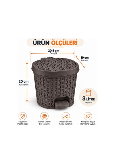 Tr 3 Litre Hasır Desenli Pedallı Çöp Kovası, Rattan Görünümlü Plastik İç Kovalı Kapaklı Banyo Mutfak Çöp Genel