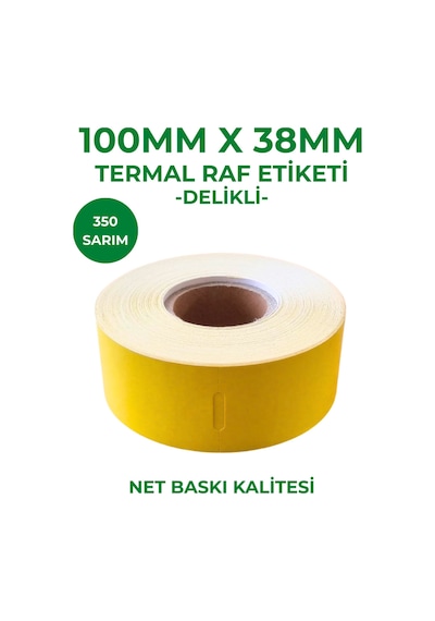 Rulorulo 100x38 Termal Karton Raf Etiketi Ortadan Delikli Sarı Renk 350 Sarım 10 Adet