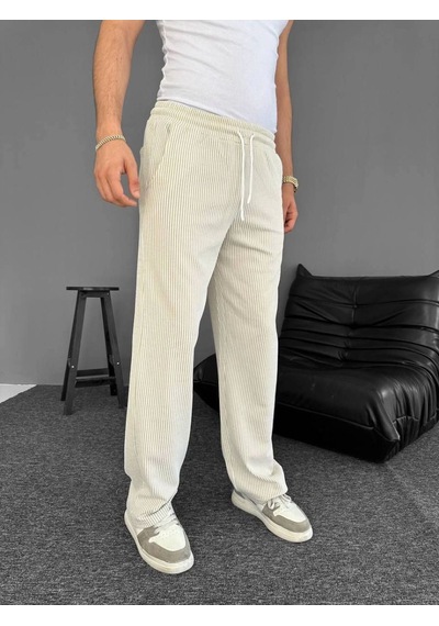 Erkek Su Yolu Çizgili Cepli Pantalon - Bej