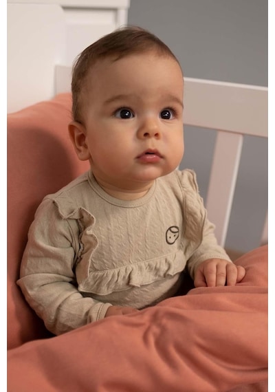 Little Gusto Littlegusto Uzun Kollu Fırfırlı Zıbın Kız Bebek Bej Organik Pamuk