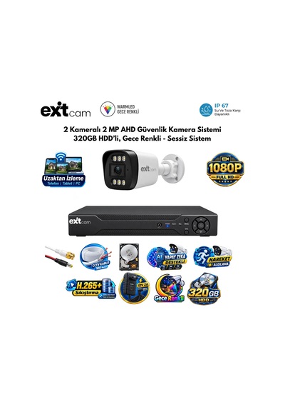 Exitcam 2 Kameralı 2 Mp Ahd Güvenlik Kamera Sistemi 320 Gb Hdd Takılı, Gece Renkli, Sessiz