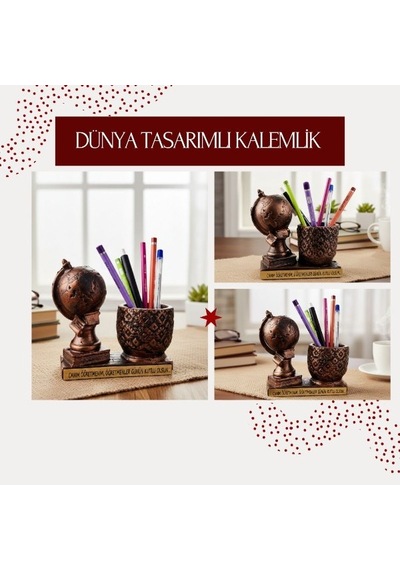 Premium Dünya Tasarımlı Kalemlik - Öğretmenler Günü Hediyesi Hatıra Dekoratif Eşya Anlamlı Hediye