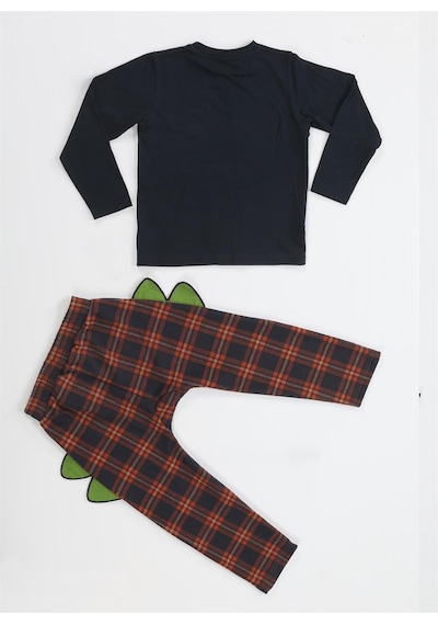 Casabony Ekose Muzip Dino Pantolon + T-shirt Takım-laci Desenli Lacivert