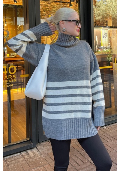 Madmext Gri Oversize Balıkçı Yaka Çizgili Kazak Mg2168 Gri