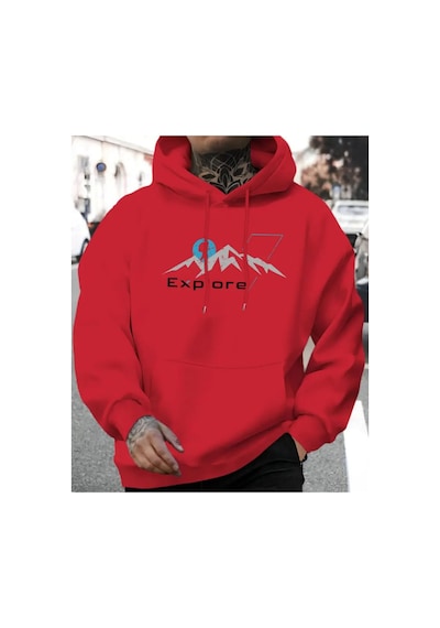 Herkesemoda Expore Yazı Detaylı İçi Polarlı Kapüşonlu Sweatshirt Kırmızı