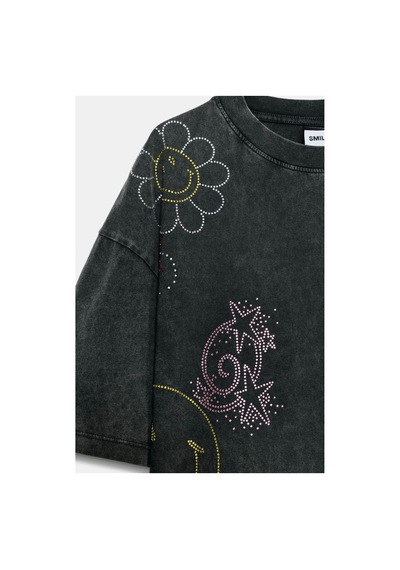 Smıley Crystal Washed Taş İşlemeli Antrasit T-shirt Antrasit Gri Antrasit Gri
