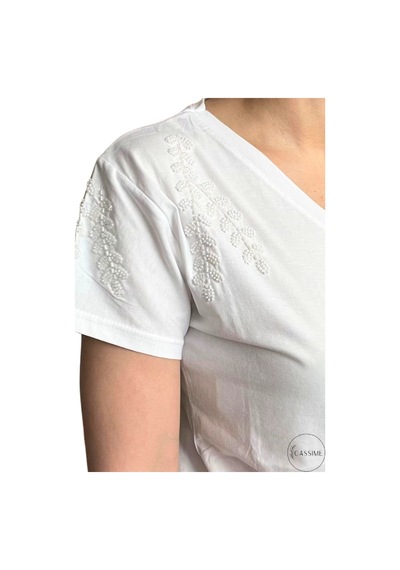 Cassime Kadın Omzu Çiçek Nakış Pul Payet İşleme Pamuk T-shirt Beyaz