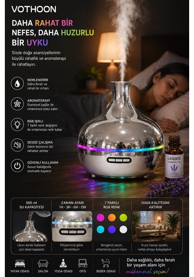 Gümüş Vazo Model Rgb Işıklı Hava Nemlendirici & Aromaterapi Difüzör 550 Ml Kumandalı
