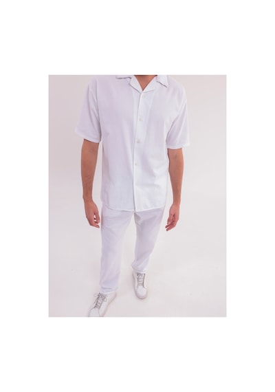 Erkek Siyah Keten Takım Oversize Gömlek & Pantolon 2'li Set Bağcıklı Rahat Yazlık Kombin Beyaz