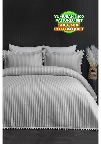 Evlen Home Collection Ponponlu Çift Kişilik %100 Pamuk Yatak Örtüsü Pike Takımı Gri