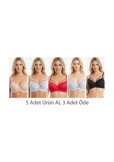 Bonbon Kadın Kapsız Dantelli 5 Renk 5'li Paket Sütyen Bb2126 Desenli