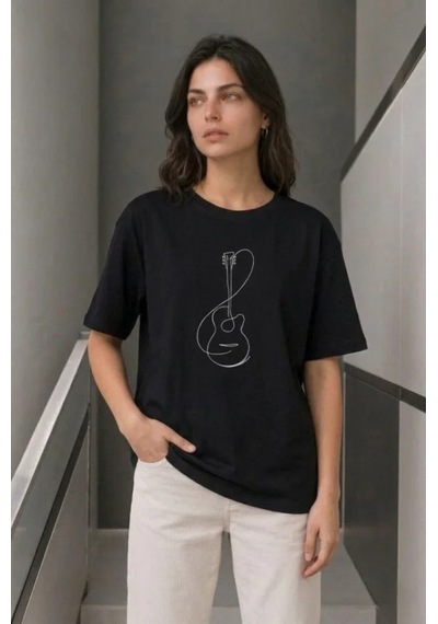 Efnaz Style Minimal Gitar Baskılı Tişört T-shirt Yazlık Kısa Kol Bisiklet Yaka T-shirt - Siyah