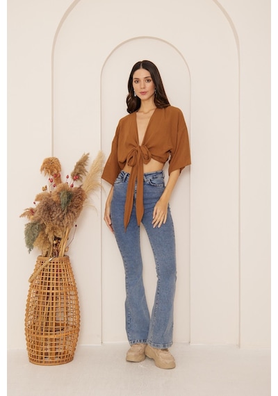 Darlin Moda Kahverengi Önden Bağlamalı Crop Kimono Dm7004 Kahverengi