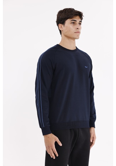 Rowinger Çift Şeritli Raglan Kol Minimal Logolu Bisiklet Yaka Sweatshirt Navyblue