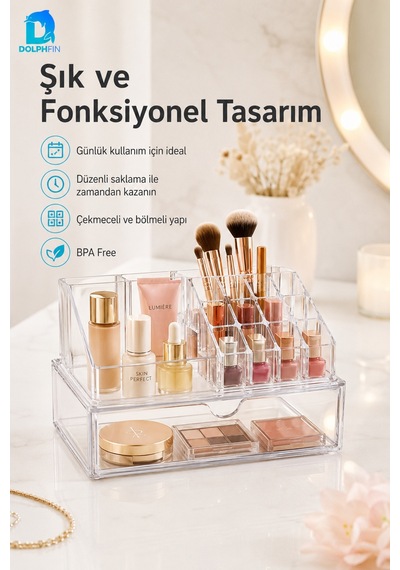 Organizerli Çekmece Set Şeffaf Makyaj Kozmetik Takı Ruj Oje Pamuk Düzenleyici