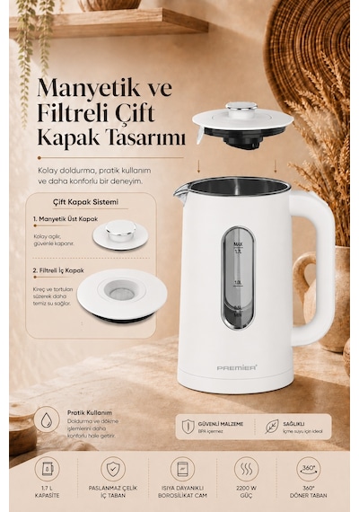 Premier PRK 3218A 1.7 L Isıya Dayanıklı Cam Hazneli Led Işıklı Su Isıtıcısı Kettle