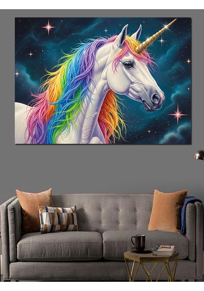Uzayda Renkli Tekboynuzlu Unicorn At Dekoratif Kanvas - Mdf Ahşap Tablo