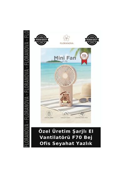 Özel Üretim Şarjlı El Vantilatörü F70 Bej Ofis Seyahat Yazlık