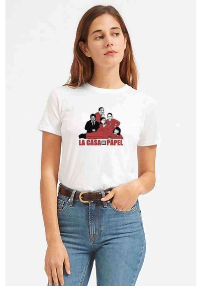 La Case De Papel El Baskılı Beyaz Kadın Tshirt