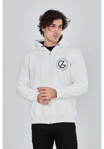 Erkek 3 İplik Pamuklu Fermuarlı Kapüşonlu Kanguru Cepli Baskılı Hoodie - Beyaz