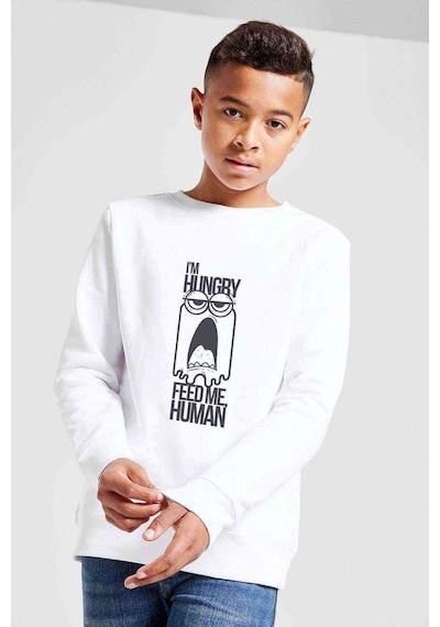 Tshirthane I Am Hungry Baskılı Unisex Çocuk Beyaz Sweatshirt Beyaz
