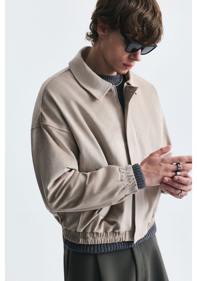 Vamos Oversize Polo Yaka Suni Süet Mont Bej