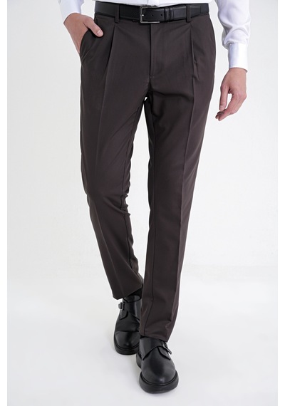 Comfort Fit Yan Cep Esnek Pamuklu Gabardin Tek Pileli Kahverengi Pantolon P 1211