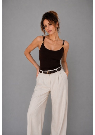 Wild Bee Kadın Kahverengi Aksesuar Detaylı İp Askılı Slim Fit Bluz