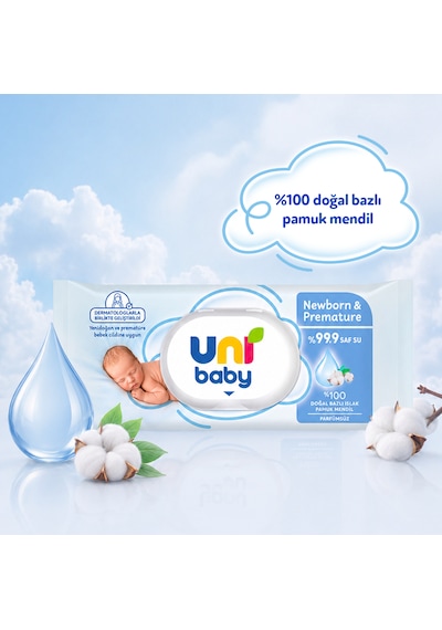 Uni Baby Newborn & Premature Yenidoğan Islak Pamuk Mendil 12x40 480 Yaprak 12'li Set