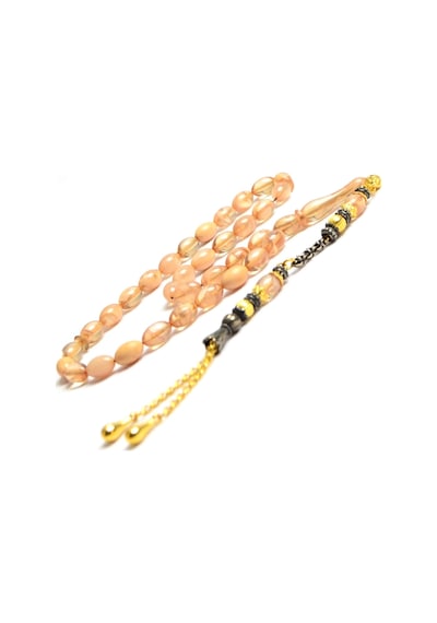 Arpa Kesim 11x7 Mm Ateş Kehribar Alpaka Püsküllü Tesbih Krem