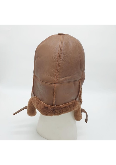Pilot Model İçi Kürklü Camel Renk Deri Şapka Siyah