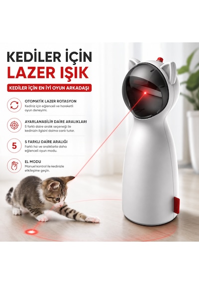 Hpytech Otomatik Lazer Kedi Oyuncağı Hpytech Lazer Işıklı Kedi Oyuncağı 5 Hareket Seviyesi Usb & 4 Aa Pil Destekli Manuel Modlu İnteraktif Kedi Oyuncağı