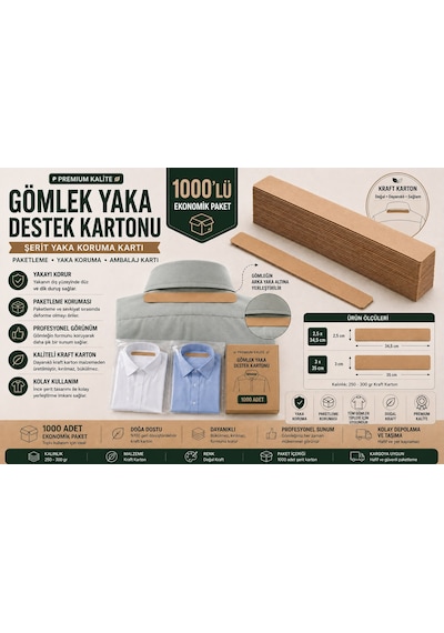 Premium Kraft Gömlek Yaka Destek Kartonu 2,5x34,5 Cm 1000'li Gömlek Paketleme, Yaka Koruma Ve Ambalaj Kartı