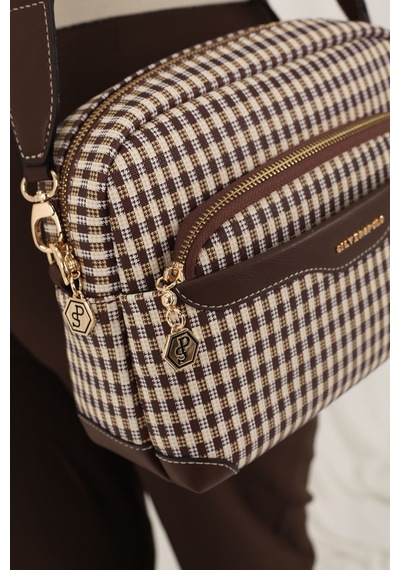 Silver Polo Sp1201 Kadın Çapraz Çanta Ekose Line Kare Kahve Sarı-kahve