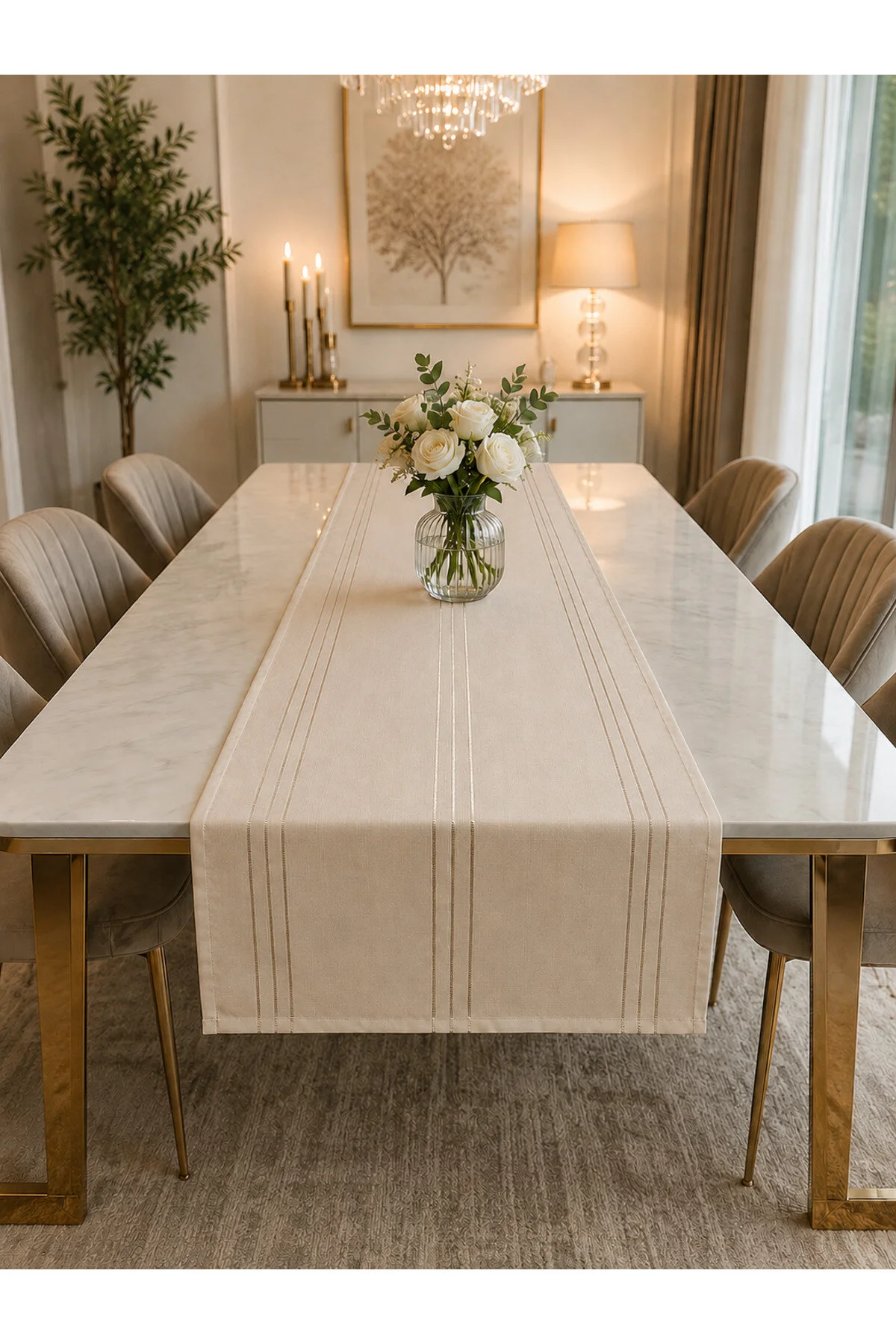 %100 Polyester Dertsiz Leke Tutmaz Şerit Desenli Runner Masa Örtüsü 53x200 Cm Bej