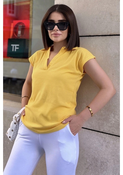 Sarı Polo Yaka, Kısa Kol, Fitilli Kaşkorşe Kumaş, Basic Kalıp/kesim, Spor Ve Günlük Bluz & T-shirt Sari