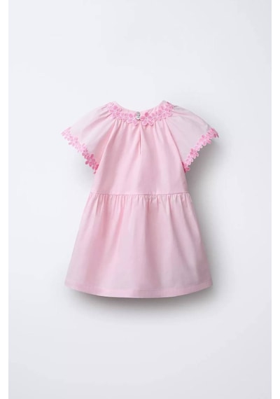 Miniko Kids Kız Çocuk Yaka Çiçek İşlemelei Pamuk Elbise Pembe