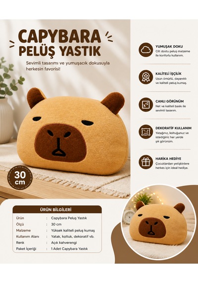 Capybara Peluş Yastık 30 Cm Sevimli Dekoratif Oyuncak Yastık Açık Kahverengi - Bej