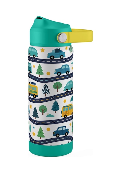 Puccon 540 Ml Araba Ve Yol Desenli Yeşil - Beyaz Erkek Çocuk Pipetli Çelik Termos Matara/suluk - 60054