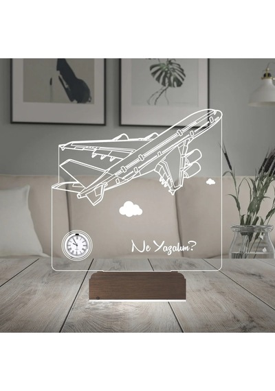Luvivia Uçak Pilot Yolcu Uçağı Kaptan Pilot Kişiye Özel Metal Saatli 3d Lamba - Masa Gece Lambası Şeffaf