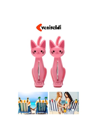 4 Adet Pembe Kedi Plaj Havlu Mandal Klipsi Güçlü Tutuş Ve Eğlenceli Tasarım Çok Renkli
